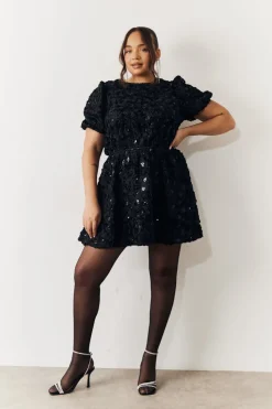 New In the Style Sequin Floral Applique Fit and Flare Mini Dress Black
