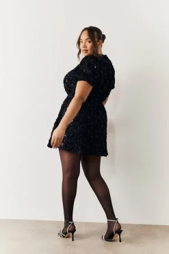 New In the Style Sequin Floral Applique Fit and Flare Mini Dress Black