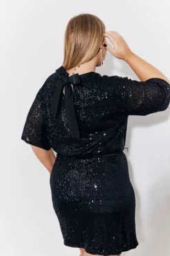 Outlet In the Style Sequin T-Shirt with Satin Bow Back Black