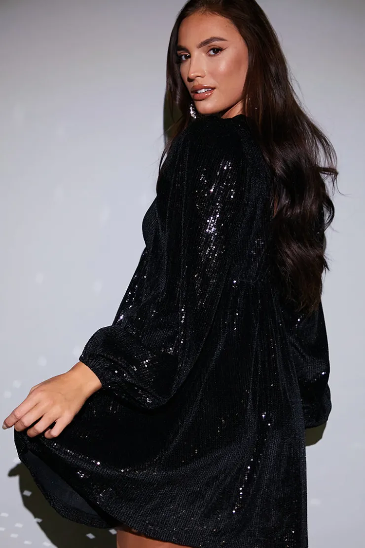 Outlet In the Style Sequin V Neck Smock Dress Black