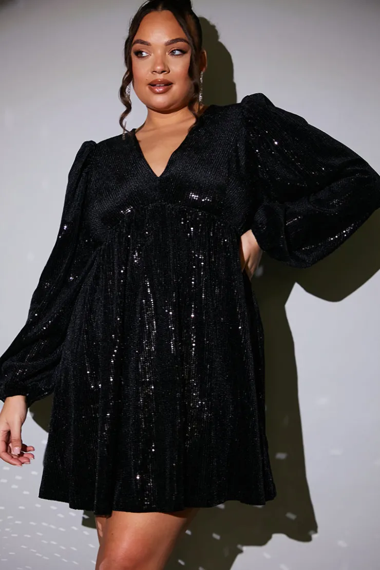 Outlet In the Style Sequin V Neck Smock Dress Black