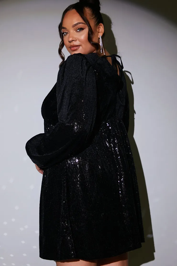 Outlet In the Style Sequin V Neck Smock Dress Black