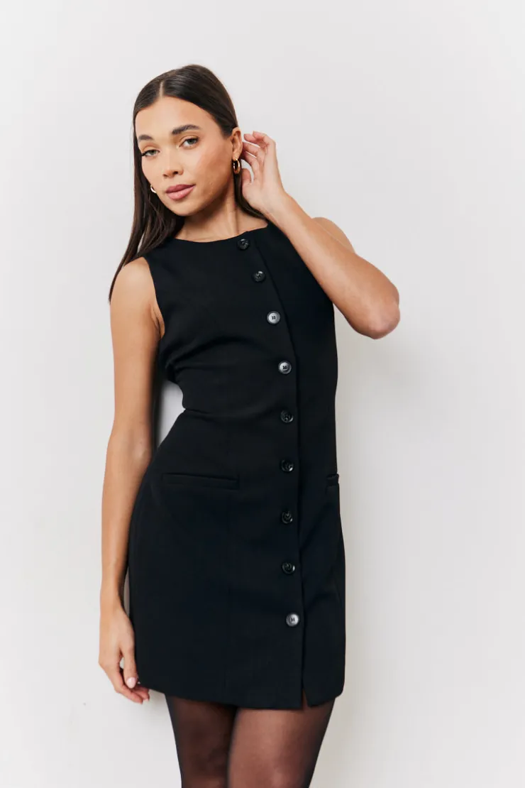 New In The Style Tailored Button Through Mini Dress Black