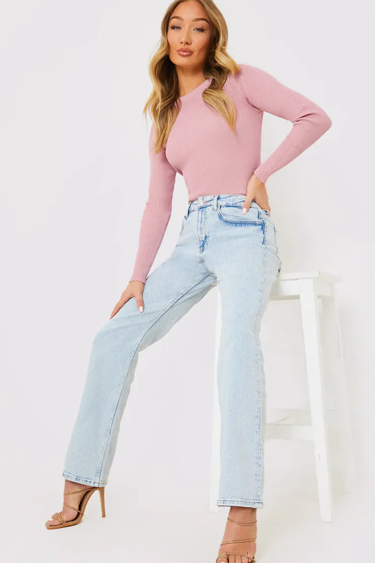 Discount In the Style Bleach Wash Straight Leg Jean Blue