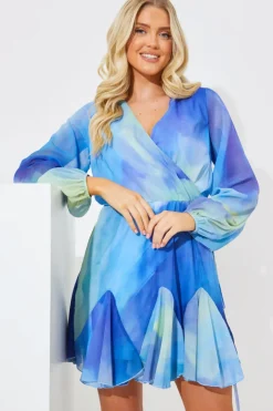 Outlet In the Style Abstract Print Chiffon Wrap Godet Frill Mini Dress Blue