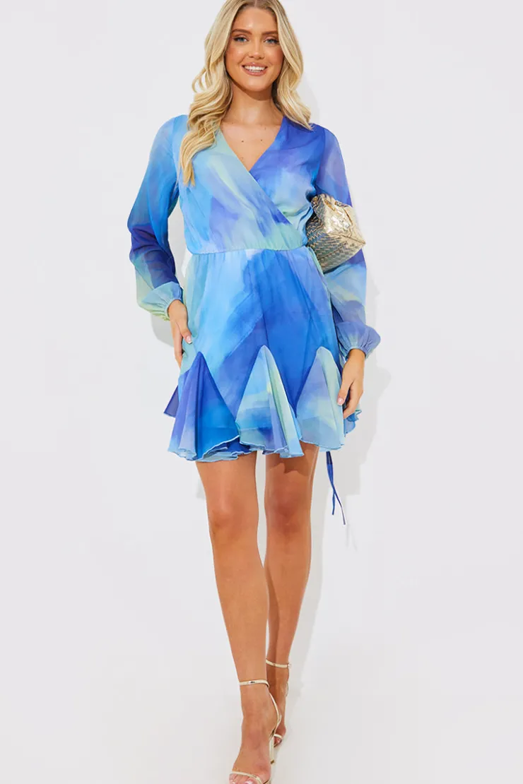 Outlet In the Style Abstract Print Chiffon Wrap Godet Frill Mini Dress Blue
