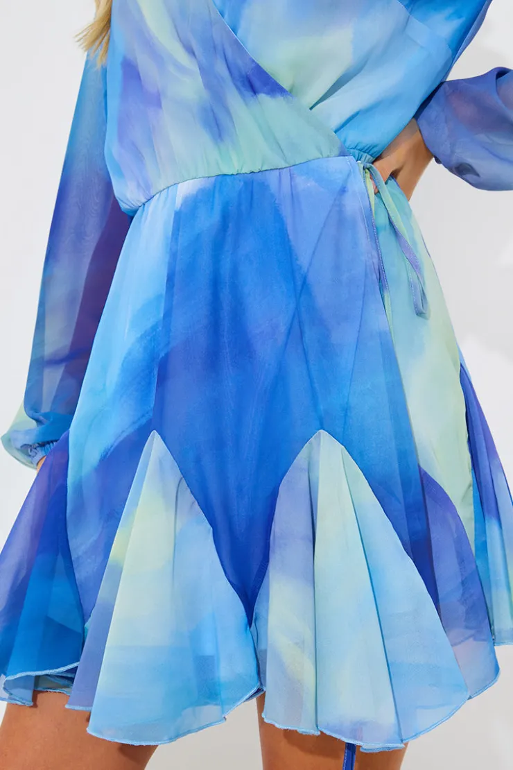 Outlet In the Style Abstract Print Chiffon Wrap Godet Frill Mini Dress Blue