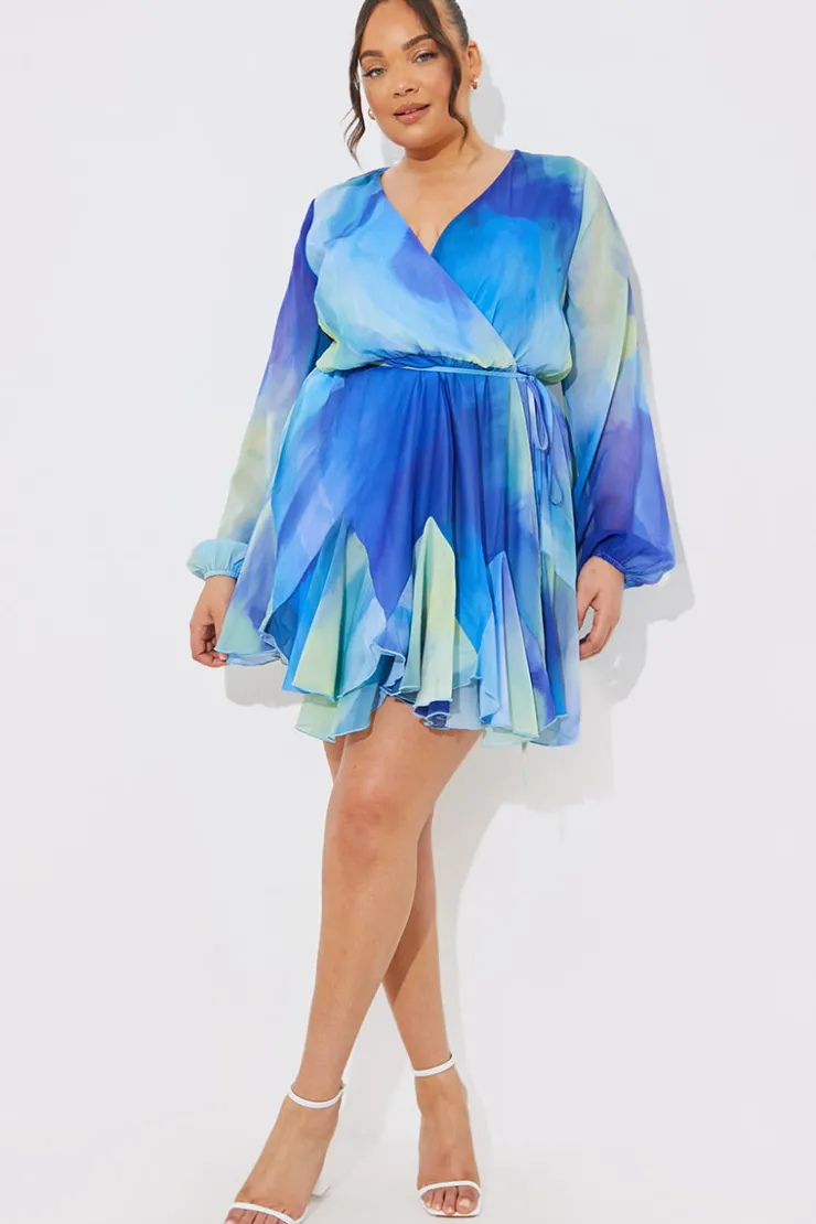 Outlet In the Style Abstract Print Chiffon Wrap Godet Frill Mini Dress Blue