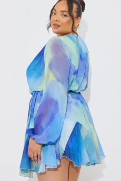 Outlet In the Style Abstract Print Chiffon Wrap Godet Frill Mini Dress Blue