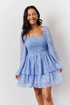 Discount In The Style Floral Print Shirred Bust Tiered Mini Dress Blue
