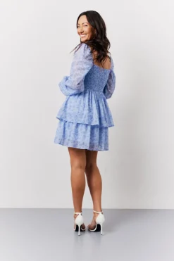 Discount In The Style Floral Print Shirred Bust Tiered Mini Dress Blue
