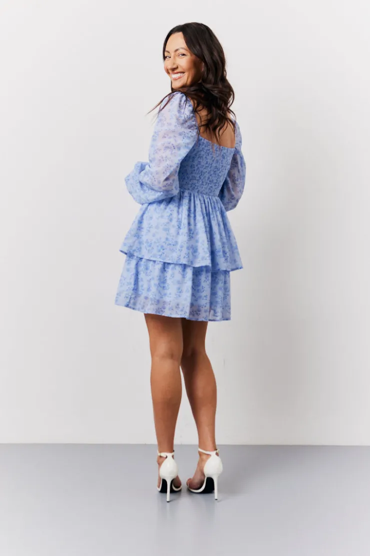 Discount In The Style Floral Print Shirred Bust Tiered Mini Dress Blue