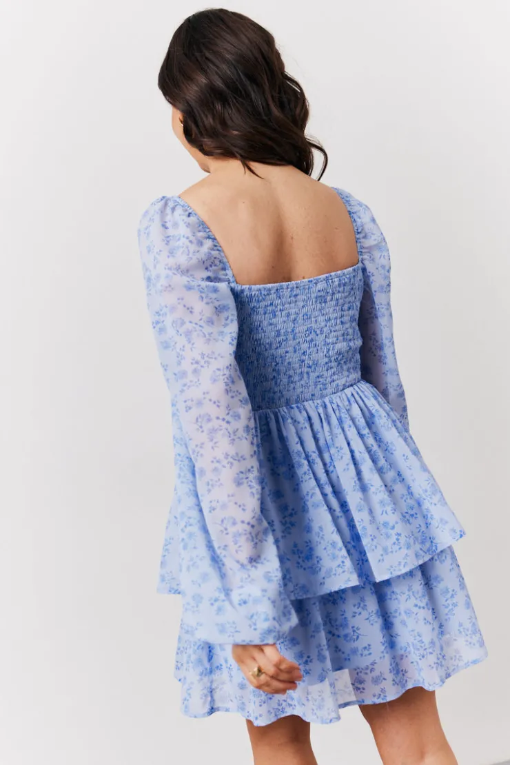Discount In The Style Floral Print Shirred Bust Tiered Mini Dress Blue