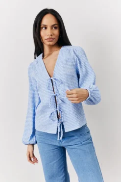Best In The Style Gingham Seersucker Tie Front Blouse Blue