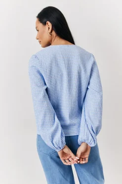 Best In The Style Gingham Seersucker Tie Front Blouse Blue