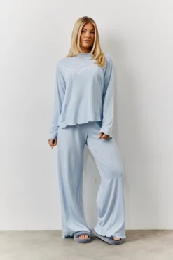 Clearance In The Style Lettuce Hem Slogan Long Sleeve Top and Trouser PJ Set Blue