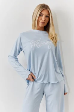 Clearance In The Style Lettuce Hem Slogan Long Sleeve Top and Trouser PJ Set Blue