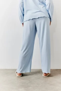 Clearance In The Style Lettuce Hem Slogan Long Sleeve Top and Trouser PJ Set Blue
