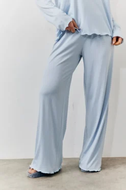 Clearance In The Style Lettuce Hem Slogan Long Sleeve Top and Trouser PJ Set Blue