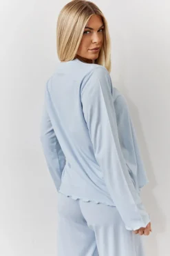 Clearance In The Style Lettuce Hem Slogan Long Sleeve Top and Trouser PJ Set Blue