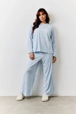 Clearance In The Style Lettuce Hem Slogan Long Sleeve Top and Trouser PJ Set Blue