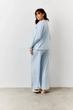 Clearance In The Style Lettuce Hem Slogan Long Sleeve Top and Trouser PJ Set Blue