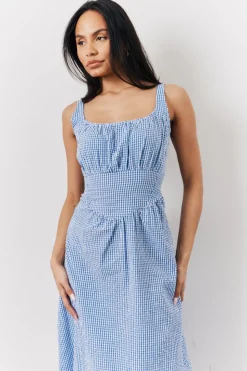 Discount In The Style Seersucker Gingham Milkmaid Midaxi Dress Blue