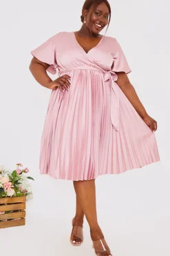 Hot In The Style Angel Sleeve Pleated Wrap Midi Dress Blush