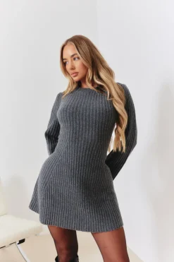 Outlet In the Style Bow Back Detail Knit Skater Mini Dress Charcoal