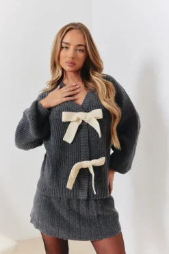 Hot In the Style Bow Detail Co-Ord Knit Cardigan Charcoal