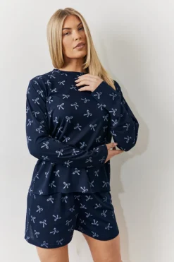Sale In The Style Bow Print Long Sleeve and Short PJ Set Navy