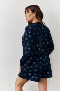 Sale In The Style Bow Print Long Sleeve and Short PJ Set Navy