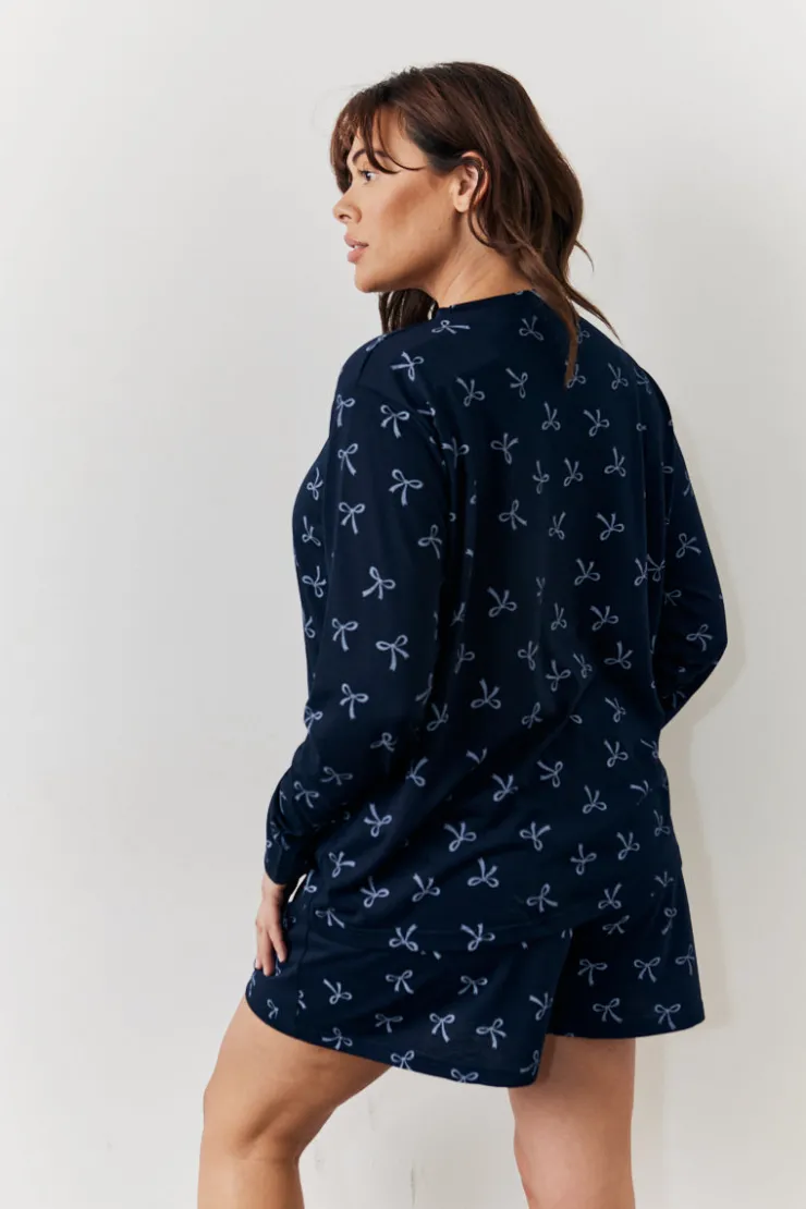Sale In The Style Bow Print Long Sleeve and Short PJ Set Navy