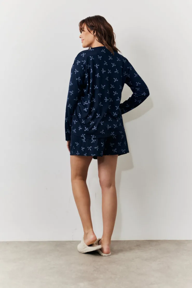 Sale In The Style Bow Print Long Sleeve and Short PJ Set Navy