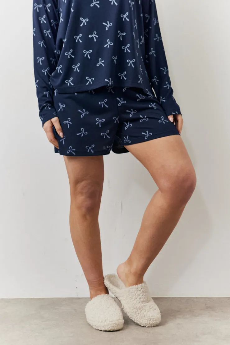 Sale In The Style Bow Print Long Sleeve and Short PJ Set Navy