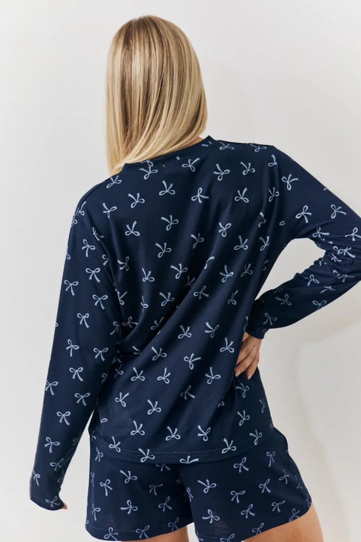 Sale In The Style Bow Print Long Sleeve and Short PJ Set Navy
