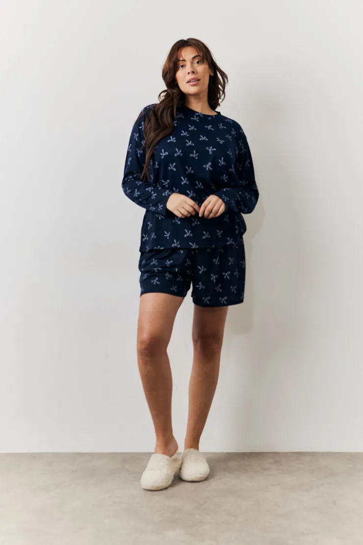 Sale In The Style Bow Print Long Sleeve and Short PJ Set Navy