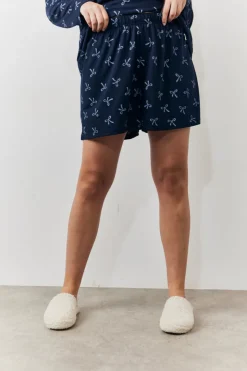 Sale In The Style Bow Print Long Sleeve and Short PJ Set Navy