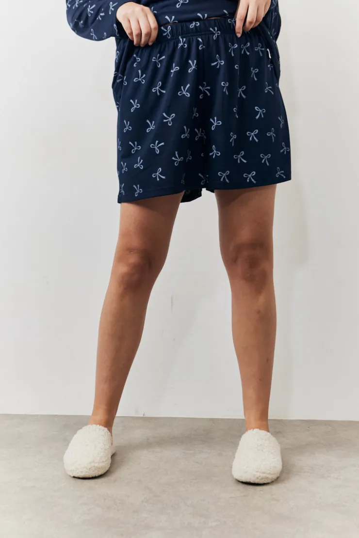 Sale In The Style Bow Print Long Sleeve and Short PJ Set Navy