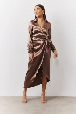 Best In the Style Bronze Liquid Satin Wrap Midaxi Dress Gold