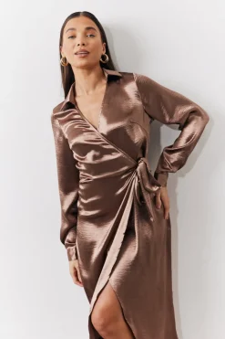 Best In the Style Bronze Liquid Satin Wrap Midaxi Dress Gold