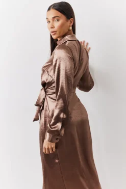 Best In the Style Bronze Liquid Satin Wrap Midaxi Dress Gold