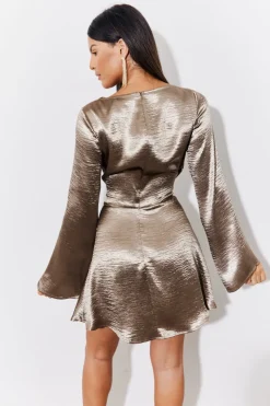 Outlet In the Style Mini Flare Sleeve Satin Dress Bronze