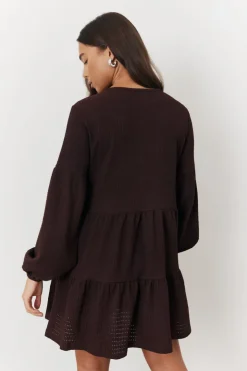 Best In the Style Textured Tie Front Detail Smock Dress Brown