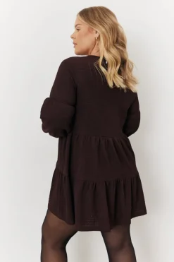 Best In the Style Textured Tie Front Detail Smock Dress Brown