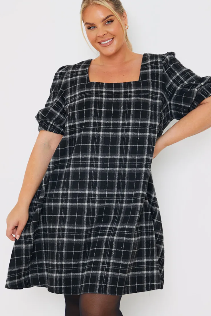 New In the Style Brushed Check Balloon Sleeve Swing Dress