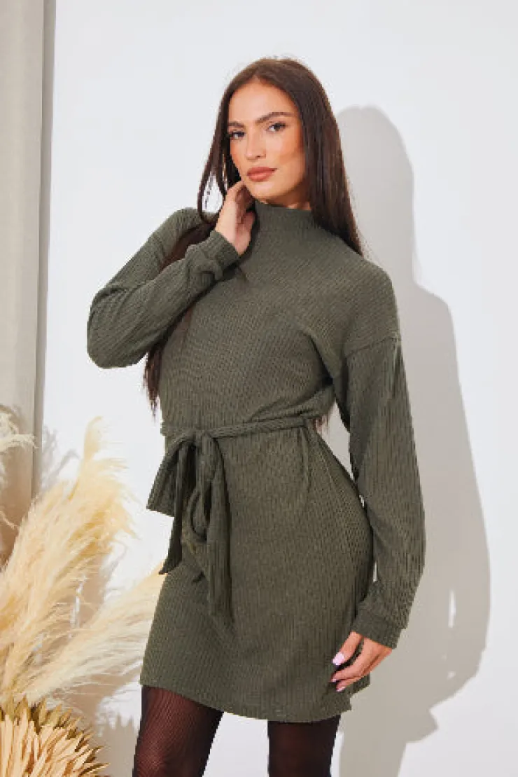 In The Style Brushed Rib Loose Belted Dress
