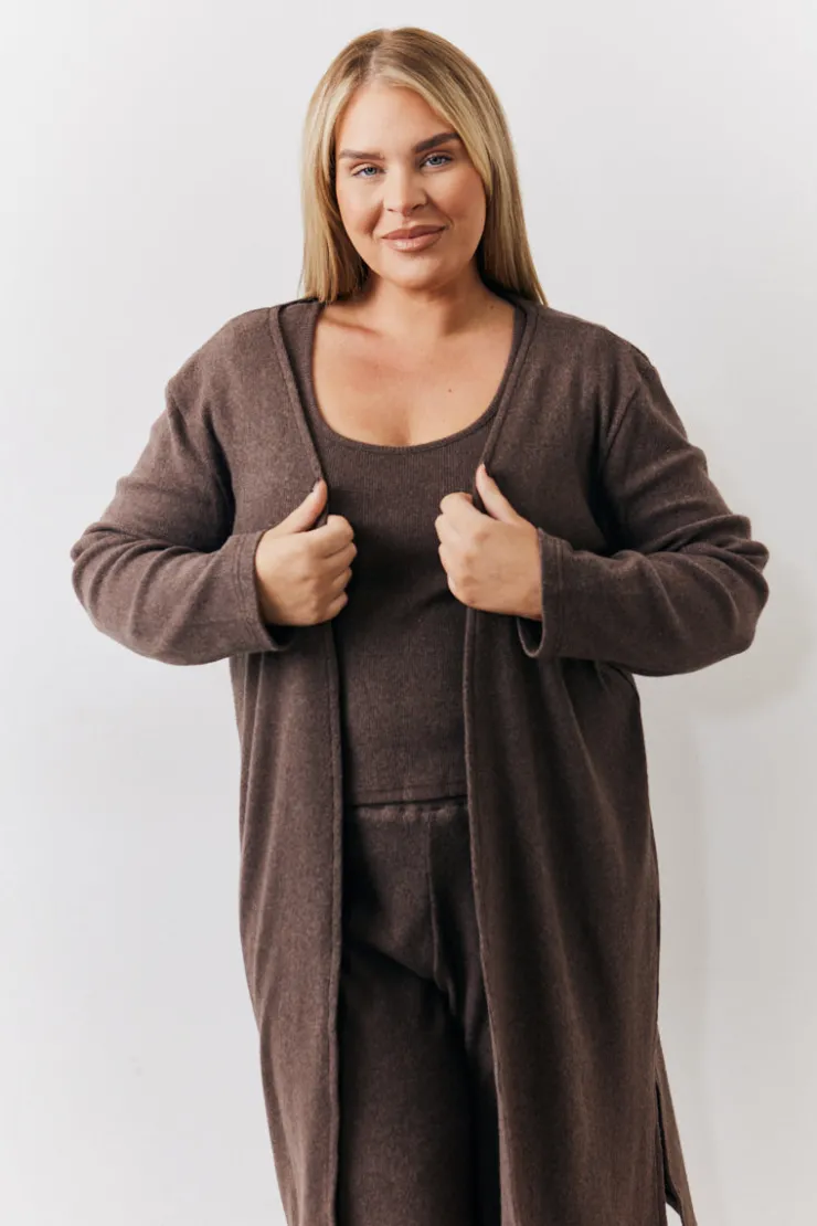Hot In The Style Brushed Rib Maxi Co Ord Cardigan Chocolate