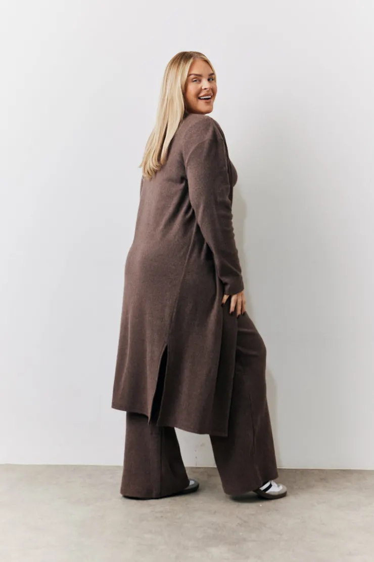 Hot In The Style Brushed Rib Maxi Co Ord Cardigan Chocolate