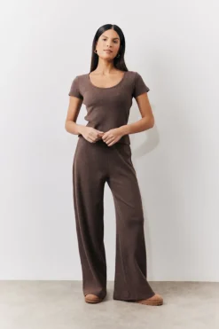 Outlet In The Style Brushed Rib Wide Leg Co Ord Trousers Chocolate